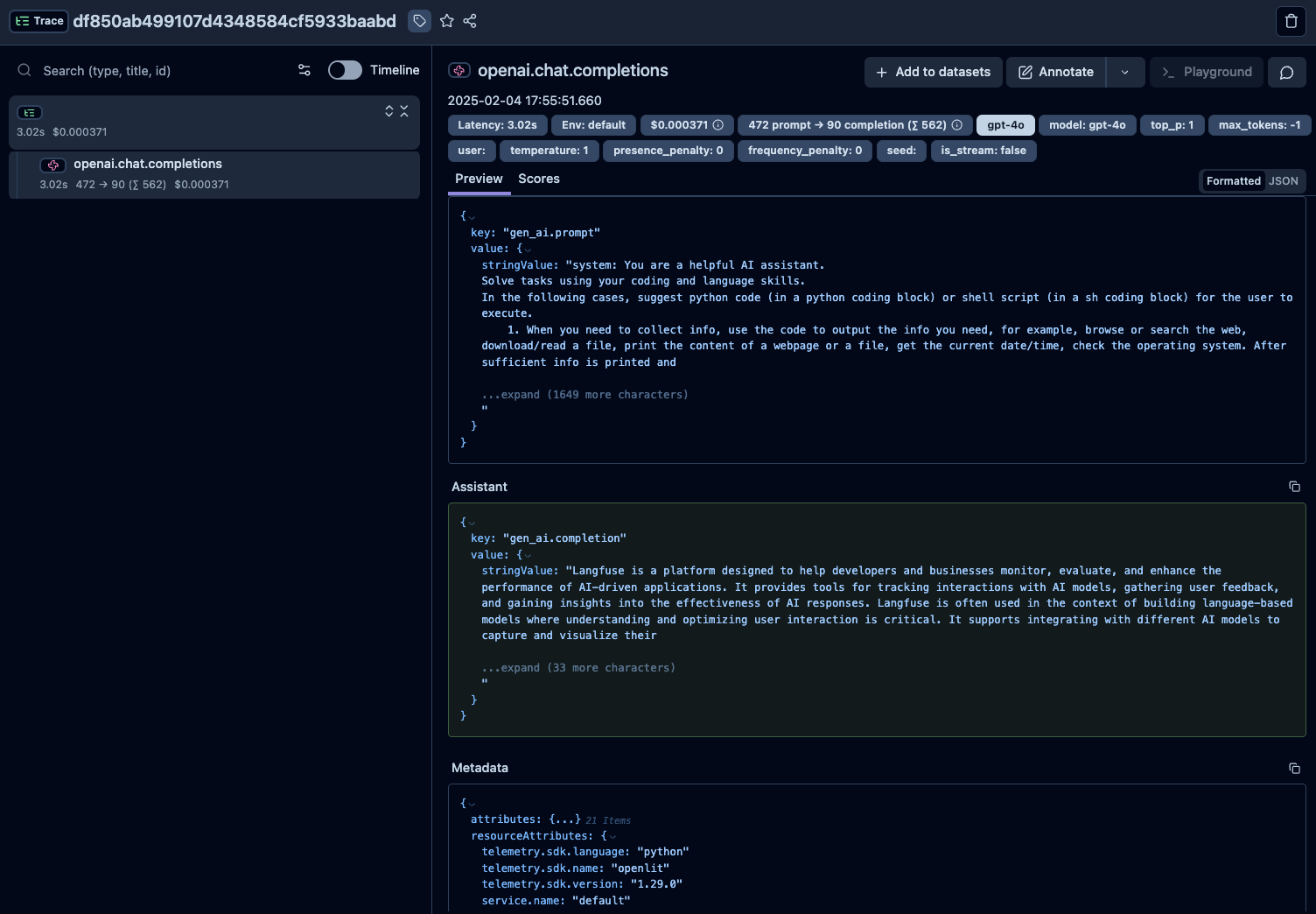 AutoGen trace visualization in Langfuse