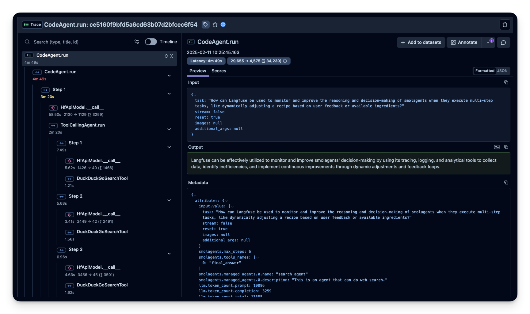 Smolagents Example trace in Langfuse